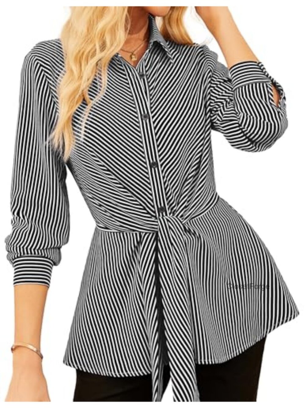 Peplum Tie Front Striped Button Down Long Sleeve Blouse Women Business Casual